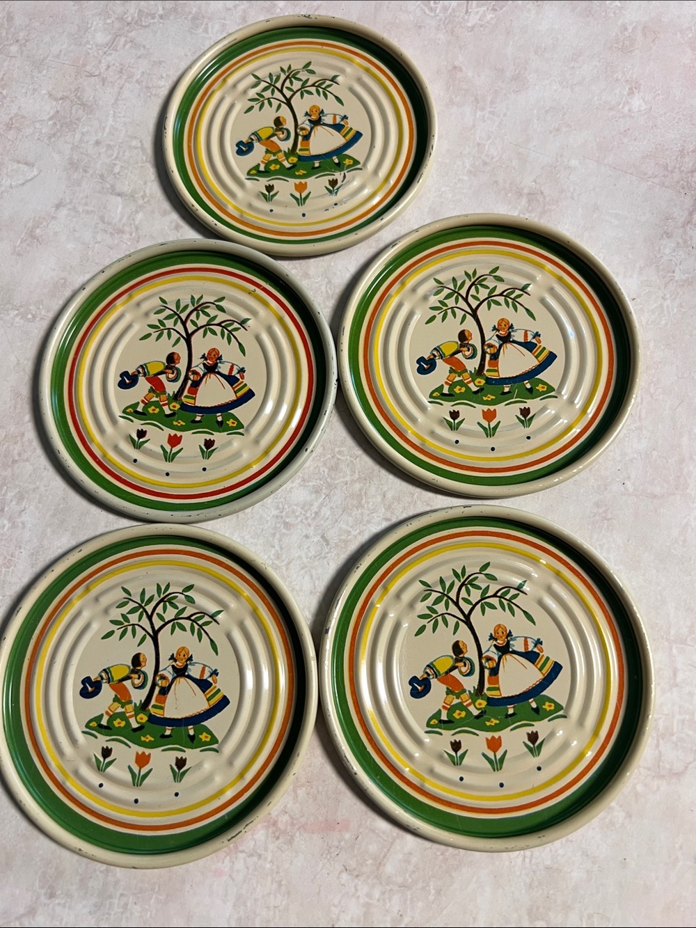 Vintage 1950s Coaster Set in Cream and Green – Folk Art Style, Set of 5